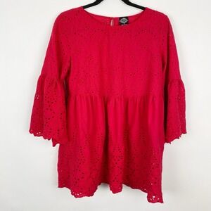 Calstyle Eyelet Babydoll Ruffle Bell Sleeve‎ Tunic Top Womens Small Red